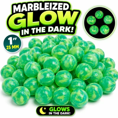 25mm (1-inch) marbleized glow-in-the-dark green rubber bouncy balls with Glow in the Dark title, glow demonstration inset, and white background, ideal for toy vending machines, capsule fillers, arcade prizes, redemption counters, party favors, and bulk vending.