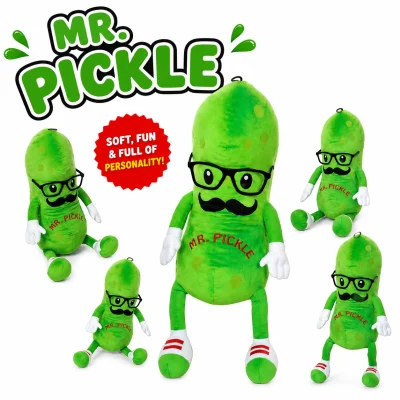 Mr. Pickle plush toy featuring a funny pickle character with glasses, mustache, gloves, and sneakers on a white background. Ideal for claw machines, crane games, arcades, redemption prizes, amusement parks, and novelty plush collections.