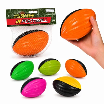 Play On! foam football toy assortment featuring colorful orange, green, pink, yellow, and lime footballs, including retail net bag packaging and handheld size demonstration on a clean white background.