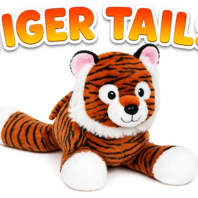 Tiger Tails plush tiger on a white background with bold Tiger Tails title. Soft striped tiger plush prize for claw machines, crane games, arcades, redemption counters, amusement parks, carnivals, and prize vending.