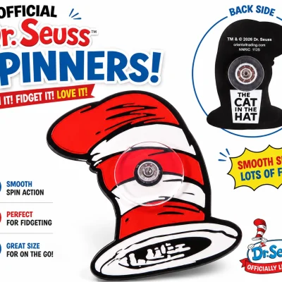 Official Dr. Seuss The Cat in the Hat spinner toy featuring the iconic red and white striped hat design with reverse side shown. Licensed fidget spinner for redemption prizes, party favors, classrooms, and gift shops.