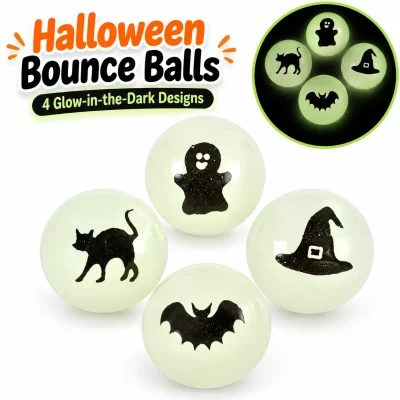 Glow-in-the-dark Halloween bouncy balls featuring spooky ghost, black cat, witch hat, and bat designs with glow-effect inset. Mini rubber bounce balls for vending machines, redemption prizes, Halloween parties, classrooms, trick-or-treat giveaways, and arcade prize counters.