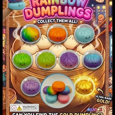 Rainbow Dumplings collectible display card featuring colorful slow-rise squishy dumplings in 2-inch capsules with an ultra-rare gold dumpling chase toy for bulk vending machines.