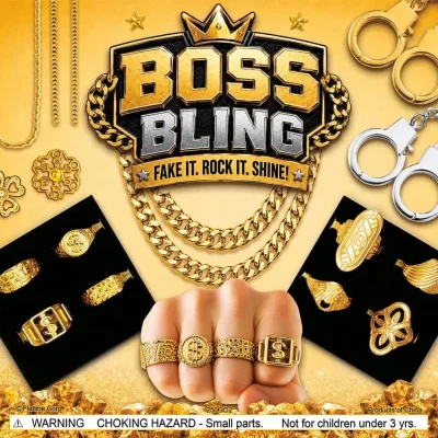 Boss Bling gold mix bulk vending jewelry display featuring gold-tone chains, rings, earrings, handcuff keychains, and novelty accessories for 2-inch capsule vending machines.