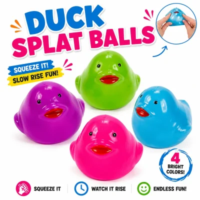 Colorful Duck Splat Balls slow-rise squeeze toy assortment featuring four bright duck designs with a small inset showing the toy being squeezed on a white background.