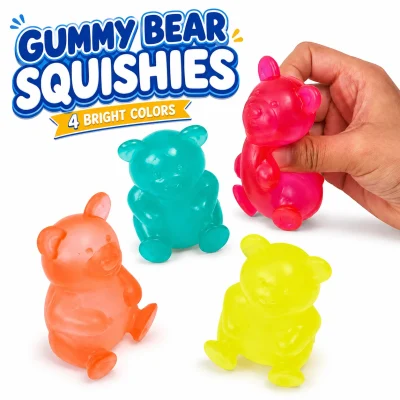 Gummy Bear Squishies in four bright translucent colors with a hand squeezing one toy on a white background, bulk novelty squishy toys for prize machines, redemption counters, party favors, and giveaways.