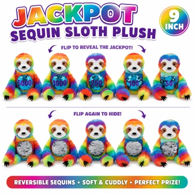 Jackpot Sequin Sloth Plush 9 Inch – Reversible Sequin Plush Sloths Showing Hidden Ticket Values 50, 100, 250, 1,000 and 5,000 for Crane Machines and Claw Machines