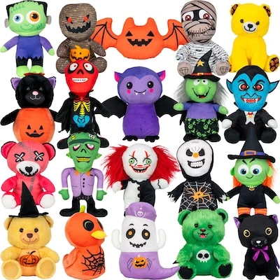 Jumbo 100% Generic Halloween Plush Kit featuring 12–15 inch stuffed pumpkins, ghosts, witches, vampires, skeletons, mummies, Frankenstein, bats, black cats, and other Halloween plush characters (40 pieces)