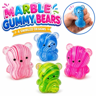 Marble Gummy Bear Squishies featuring four colorful swirled bear designs with a squeeze demonstration inset, bulk squishy toys for claw machines, redemption prizes, party favors, classrooms, and gift shops on a white background.
