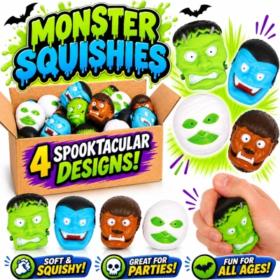 Monster Squishies Halloween stress toys featuring Frankenstein, vampire, mummy, and werewolf squishy faces in assorted designs, perfect for Halloween prizes, party favors, redemption counters, and vending machines.