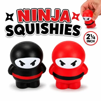 Ninja Squishies 2¼ inch stress toy assortment featuring red and black ninja squishy fidget toys with size reference hand on a white background.