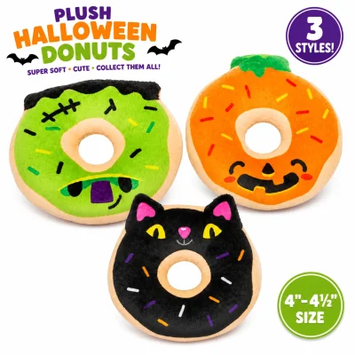 Three assorted Halloween donut plush toys including a Frankenstein donut, pumpkin donut, and black cat donut. Soft 4 to 4.5 inch plush collectibles for claw machines, redemption prizes, arcades, and Halloween displays.
