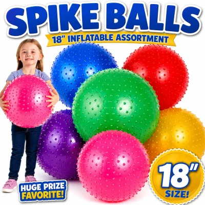 Colorful 18-inch inflatable spike balls assortment with blue, red, green, purple, yellow, and pink balls on a white background. Product image includes a child holding an 18-inch pink spike ball to demonstrate size, with bold "Spike Balls" title and 18-inch size badge. Ideal for arcades, redemption counters, carnivals, and family entertainment centers.