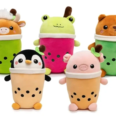 Assorted animal boba plush toys in colorful bubble tea cup designs