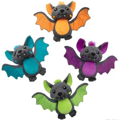Bright color stuffed smiling bat plush toys in orange, blue, purple and green