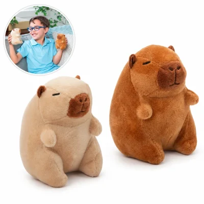 Soft brown and cream capybara plush toys with lifestyle inset showing child holding both stuffed animals.