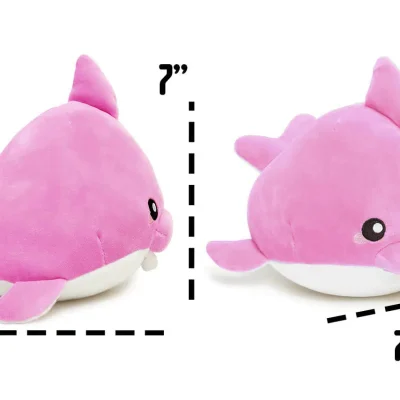 Assorted 7-inch sea animal plush mix featuring colorful dolphins, sharks, whales, and sea lion characters in pink, blue, green, purple, gray, yellow, and orange. Soft plush assortment for claw machines, redemption counters, arcades, and prize games.